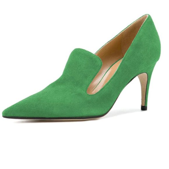 green pointy pumps